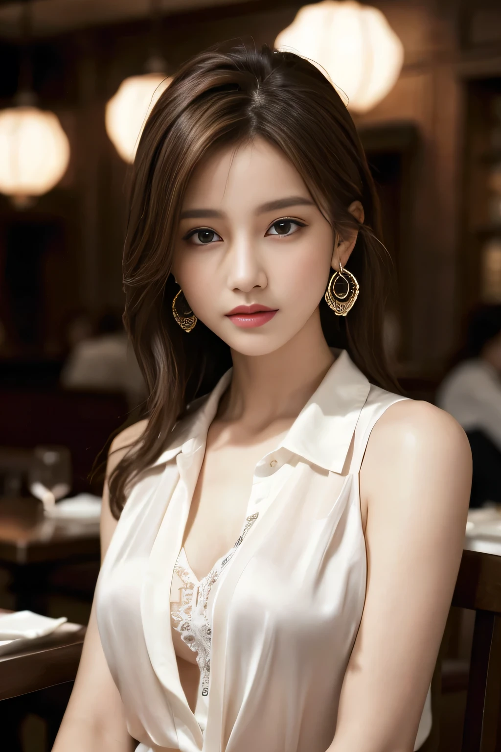 masterpiece, Highest quality, Realistic, Very detailed, Finer details, High resolution, 8k wallpaper, One beautiful woman, Wear a pretty colored silk shirt, In a great restaurant, At night, Light brown messy hair, Perfect dynamic composition, Beautiful and beautiful eyes、Big earrings、chest、Sleeveless shirt、