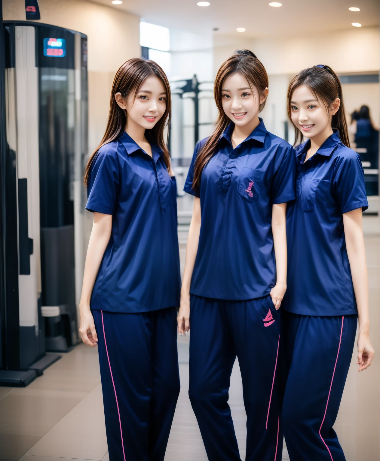 3 girls in fitness center, Navy blue short-sleeved shirt,Navy Long Trackpant,Sweatpants, Sweatpantsขายาว,25 year old girl, lesbian, sexy, exercise clothes, wet body, exercise clothes