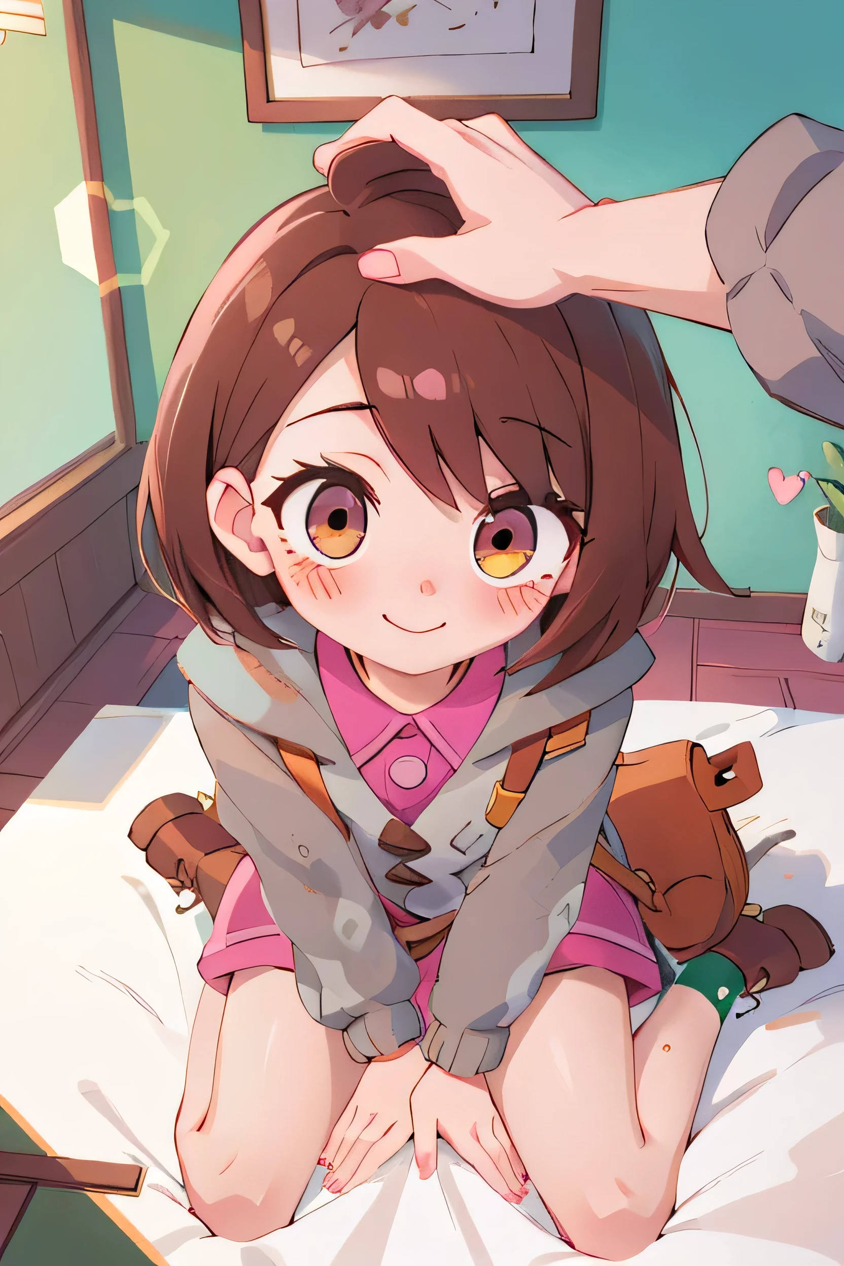 masterpiece, Highest quality, Gloria1, One girl, Gloria \(Pokemon\), Brown Hair, alone, Backpack, Brown eyes, Tam O'Shanter, Grey cardigan, Pink Dress, short hair, green socks, socks, Brown bag, Bobcut, bangs, Long sleeve, Collared dress, hiking, Outdoor, nature, Happy, :is, whole body, Mid Shot, headpatPOV, throw, headpat, perfectionな指, Ideal hand structure, She is being stroked on the head, She is smiling, (Detailed green eye), Detailed face, ((Blushed)), blush, Make your eyes sparkle, Lewd face, Anime Style, Soft lighting, Bedroom, pink Bedroom, perfection_environment, View from above,