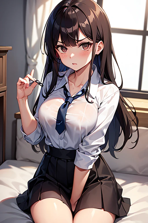 She is a student. She wears a white shirt, She has a dark brown skirt. She has brown hair, She has long hair down to her shoulder blade. She has brown eyes. She is looking at the camera. Her waist is thin. She is sitting on a large bed in her room with white walls. Translucent breasts. He's a ager. His shirt is open. She has medium breast. She is angry.