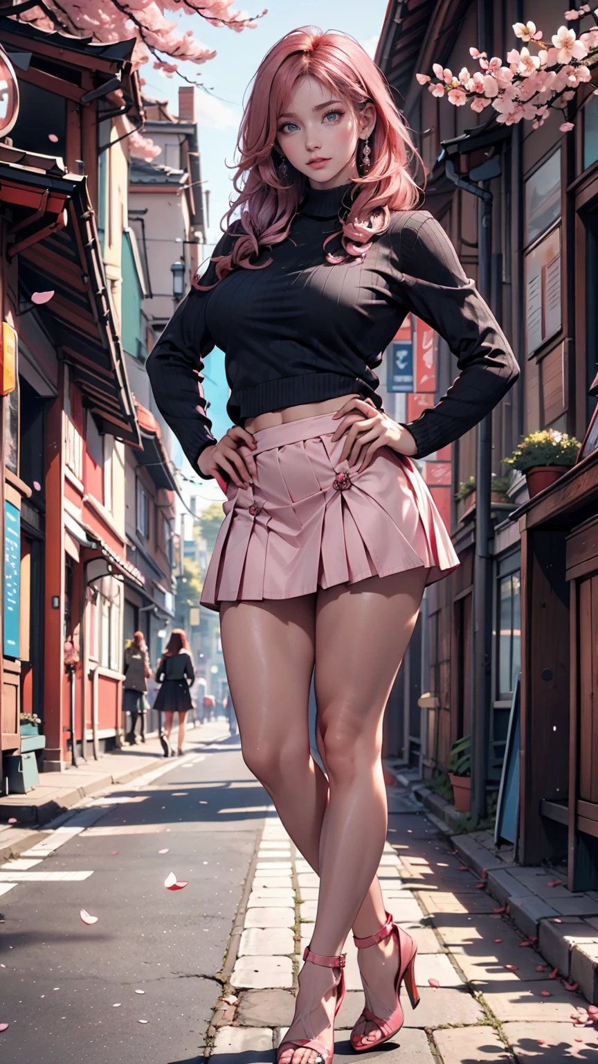 masterpiece, Highest quality, Very detailed, figure, Wide-angle, A girl is standing in the middle of the road, alone, The road in the middle and pink cherry blossom trees on the roadside, whole body, 20th Generation, Pink Hair, sweater, Short skirt, fashion,, composition, balance, Harmony, rhythm, color, Light, Shadow, reflection, refraction, tone, Contrast, prospect, Middle Way, background, Naturalistic, Figurative, Expressive、Saggy breasts、Stiletto heels、Place hands on hips