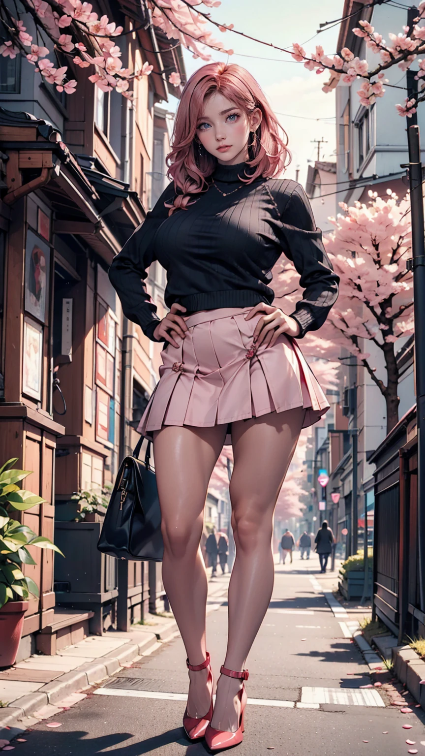 masterpiece, Highest quality, Very detailed, figure, Wide-angle, A girl is standing in the middle of the road, alone, The road in the middle and pink cherry blossom trees on the roadside, whole body, 20th Generation, Pink Hair, sweater, Short skirt, fashion,, composition, balance, Harmony, rhythm, color, Light, Shadow, reflection, refraction, tone, Contrast, prospect, Middle Way, background, Naturalistic, Figurative, Expressive、Saggy breasts、Stiletto heels、Place hands on hips