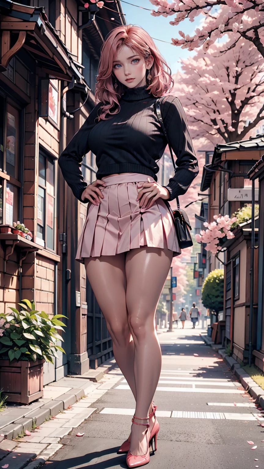 masterpiece, Highest quality, Very detailed, figure, Wide-angle, A girl is standing in the middle of the road, alone, The road in the middle and pink cherry blossom trees on the roadside, whole body, 20th Generation, Pink Hair, sweater, Short skirt, fashion,, composition, balance, Harmony, rhythm, color, Light, Shadow, reflection, refraction, tone, Contrast, prospect, Middle Way, background, Naturalistic, Figurative, Expressive、Saggy breasts、Stiletto heels、Place hands on hips