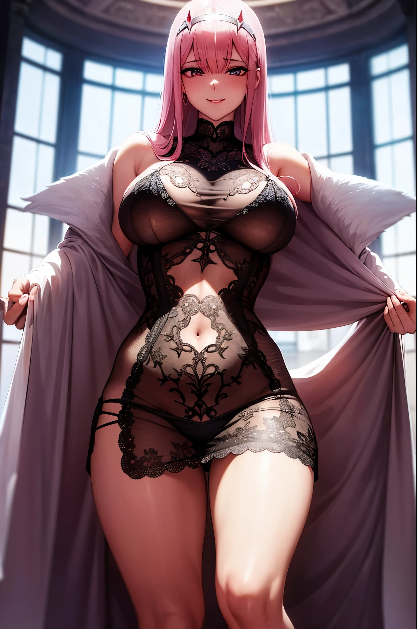 NSFW, (girl),((optimal quality)), ((Masterpiece)), (A detailed: 1.4),face red,perspire,showing niples, fully naked,The ultimate masterpiece,(fidelity:1.2),(sexy),open air bath, (Huge chest), Open crotch, Open legs, (Smooth: 1.1), (Cutes: 0.9), (shiny: 1.1),, red lips, cute girl, anime, cute pose, super small transparent lace lingerie,g string mini thong, (big breast), big ass, detailed lines, 8k image, no blur, perfect realistic nipples, sexy closed smile, erotic, zero two from darling in the franxx anime, detailed realistic vagina, all wet from orgasm, michievous smile, hottest girl in the world, dominant gestures, super small short dress