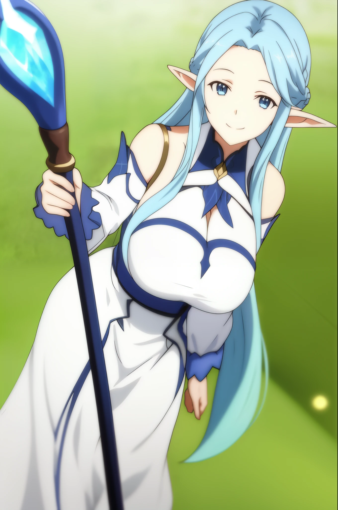 siune, 1girl, solo, long_hair, looking_at_viewer, smile, blue_eyes, big_breast, white_background, dress, holding, bare_shoulders, large_breast, smile, closed_mouth, blue_hair, full_body, outdoors, detached_sleeves, pointy_ears, white_dress, blurry, depth_of_field, blurry_background, staff, holding_staff