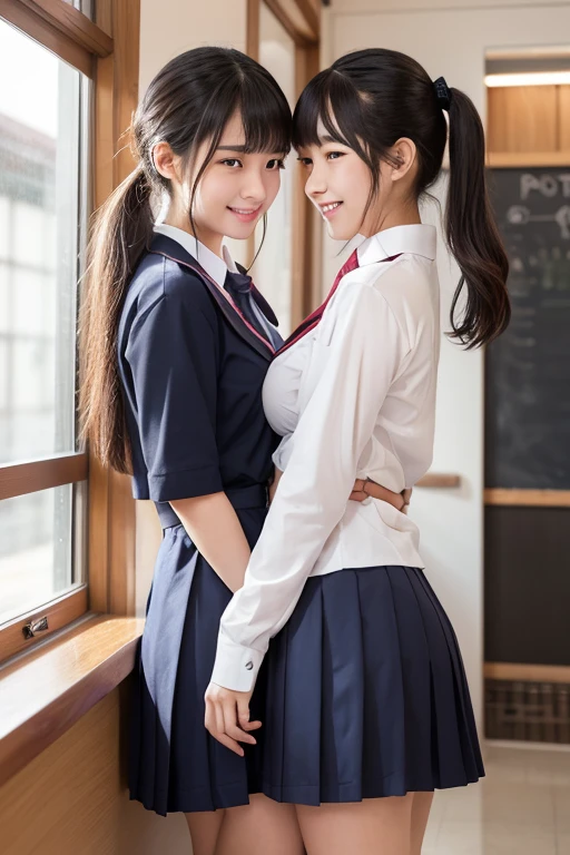{bestquality},{vestaesthetic},{ultra-detailed},{bestillustration}nsfw,2 Japamese girls,facing viewer,dakimakura,from side,smiling,aroused, glowing eyes,big breast,spread pussy,crotch grab,uterus,urethra,pony tail, curvy,tan,school uniform,{{{2girls}}},{{{yuri}}},sweat,steam,{grabbingg another's breast},nippel,classroom,moe cute anime