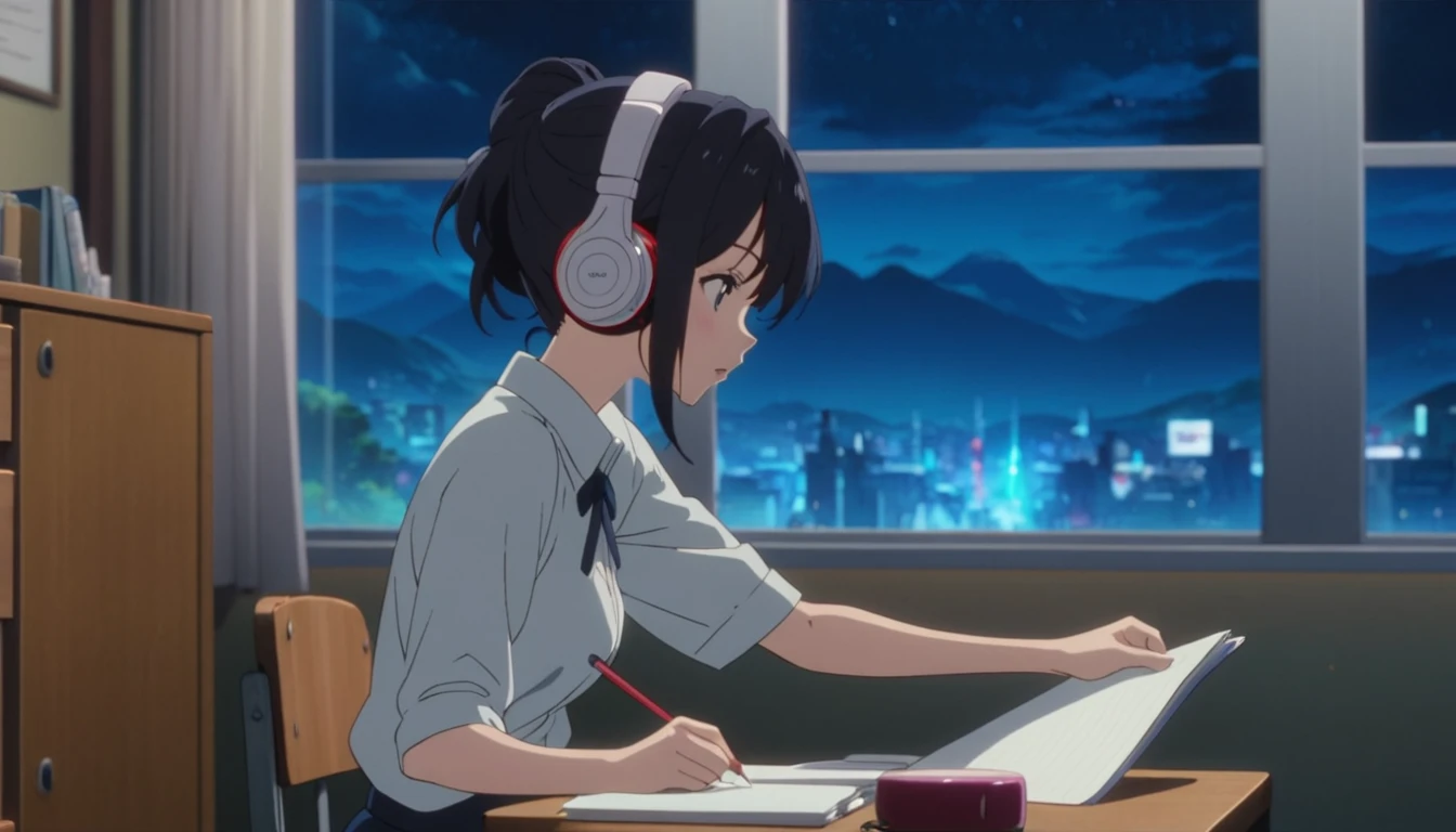 Anime girl sitting at a desk writing with headphones in a room at night,Anime scene of a girl sitting at a desk and writing in a notebook, yourname movie style, yourname, Anime movie stills, Anime movie screenshots, Anime movie screenshots, Makoto Shinkai style, Studio Greeble Makoto Shinkai, Today's featured anime is still, Anime still film Anime colored paper, A still from the anime, Scenes from animated movies、8K