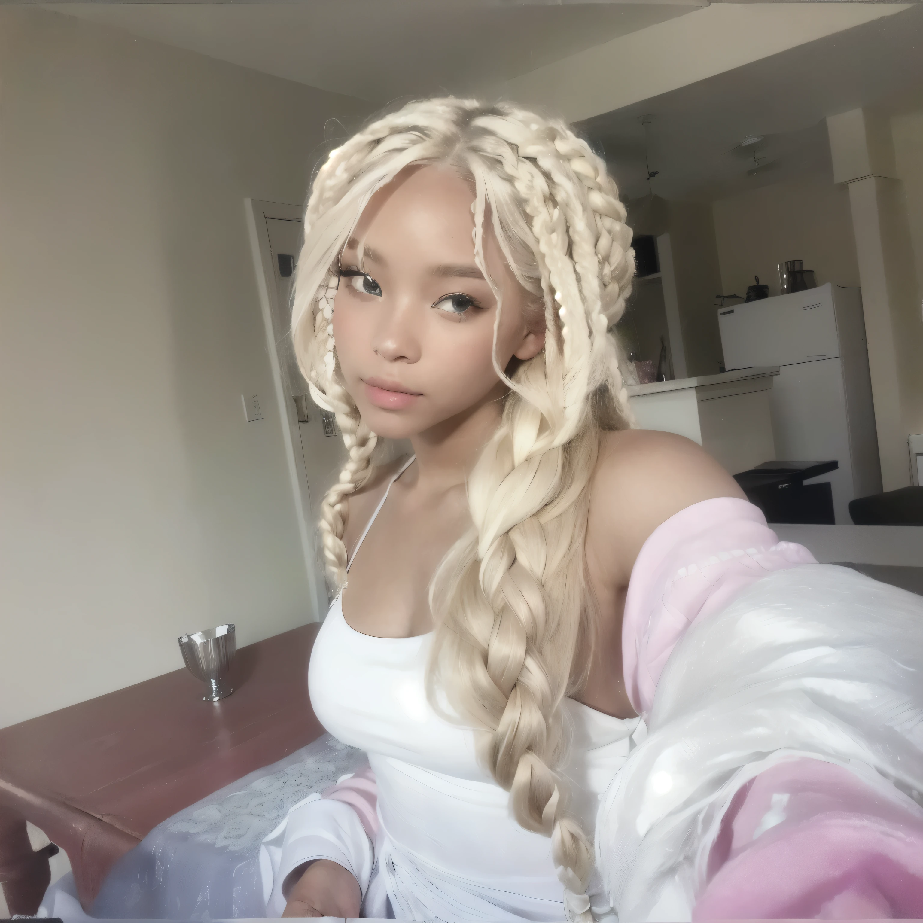 Blonde woman with long blonde hair and pink gloves posing for a photo., white braids, Her hair is white, braided long curly blonde hair, Box Braids, long white braided hair, blonde braids and blue eyes, with long white hair, long braids, blonde hair with pigtails, with long white hair, braided blonde hair, blonde goddess, white braided hair