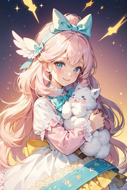 A fluffy pale pink GIRL llama with a pastel yellow face. She has a smile on her muzzle, and a curling tuft of hair held by a baby blue bow. Her extension is a fluffy pale pink piece. SPARKLE; GLITTER