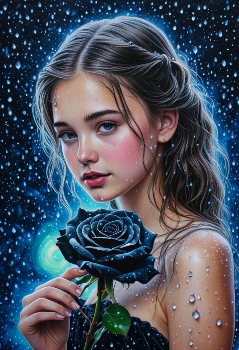 gorgeous 19 year old girl, beautiful, Darling, with a black rose in hand, dew drops on rose petals, ultra-detailed, hyperrealism, intricate details, Very detailed, crazy background with galactic constellations and northern lights, acrylic, shading