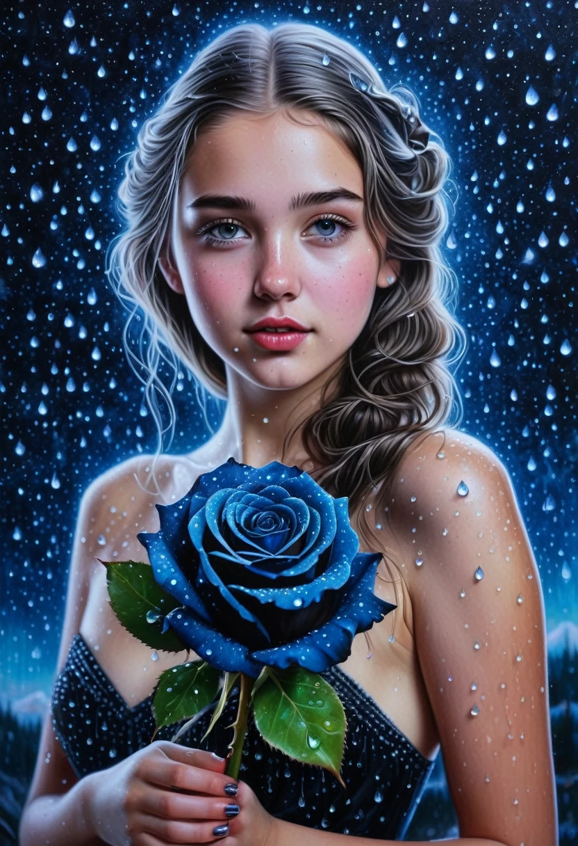 gorgeous 19 year old girl, beautiful, Darling, with a black rose in hand, dew drops on rose petals, ultra-detailed, hyperrealism, intricate details, Very detailed, crazy background with galactic constellations and northern lights, acrylic, shading