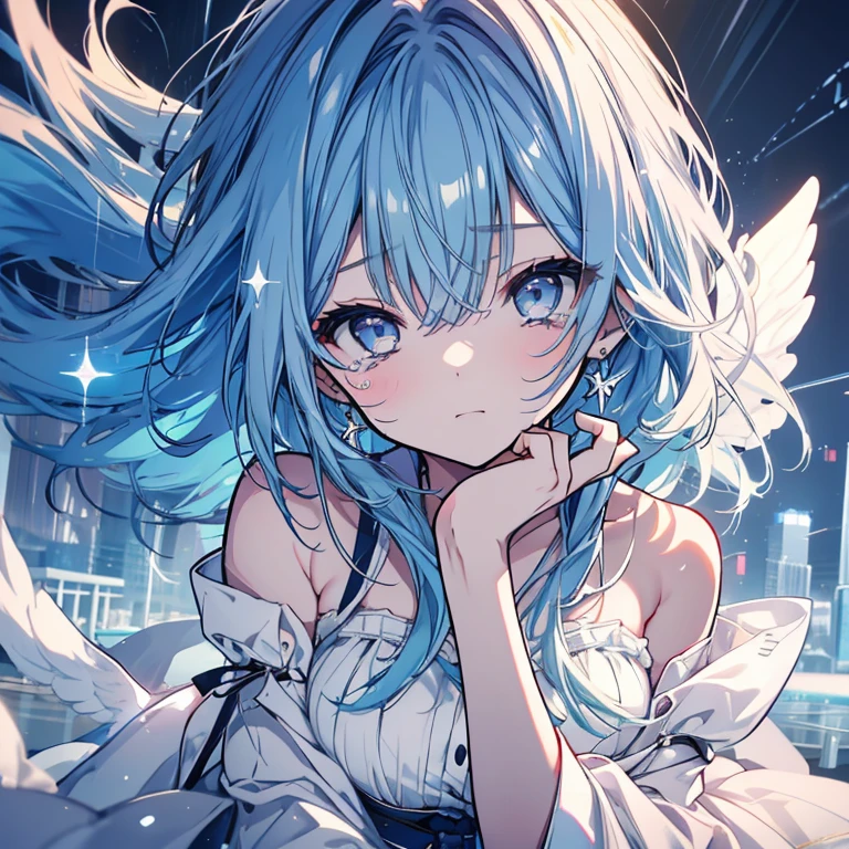1 girl、Mature、Ample breasts、Long Hair、Blue Hair、Straight Hair、Trimmed bangs、Sad face、tears、White Dress、Shoulder Bare、Weather showers、Sunshine、prism、In town、sing、Sit down、Angel、wing、bandage、be injured、High resolution、Highest quality