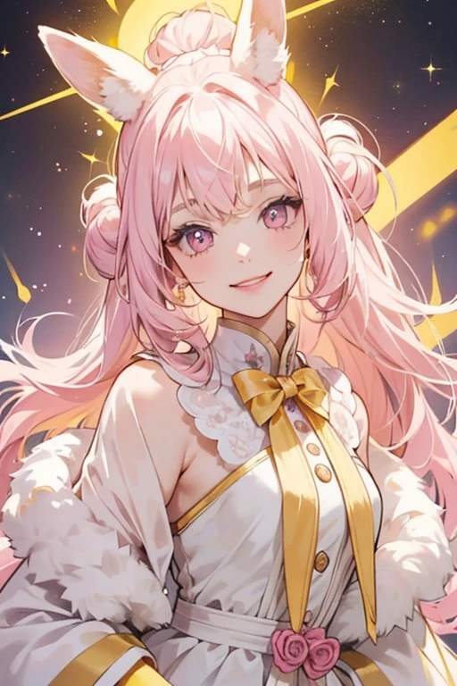 A fluffy pale yellow GIRL llama with a pale pink face. She has a smile on her muzzle and a pink nose, matching the bow attached to her curled tuft of hair on top of her head. Her extension is a fluffy pale yellow piece. SPARKLE; GLITTER