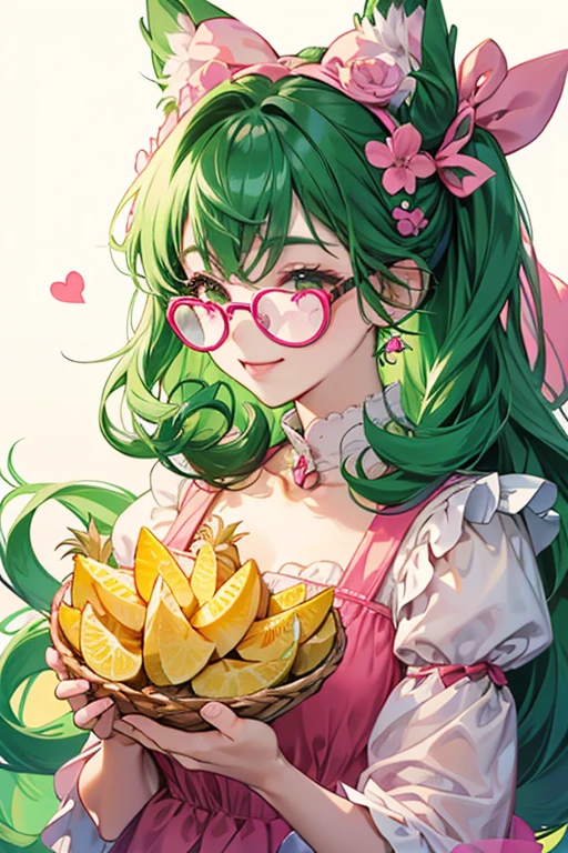 A pineapple GIRL cat with slices for ears, matching her heart-shaped glasses. She has an excited expression and one eye is shut. She wears a fuchsia bow and her hair extension is green to resemble the leaf of a Pineapple.