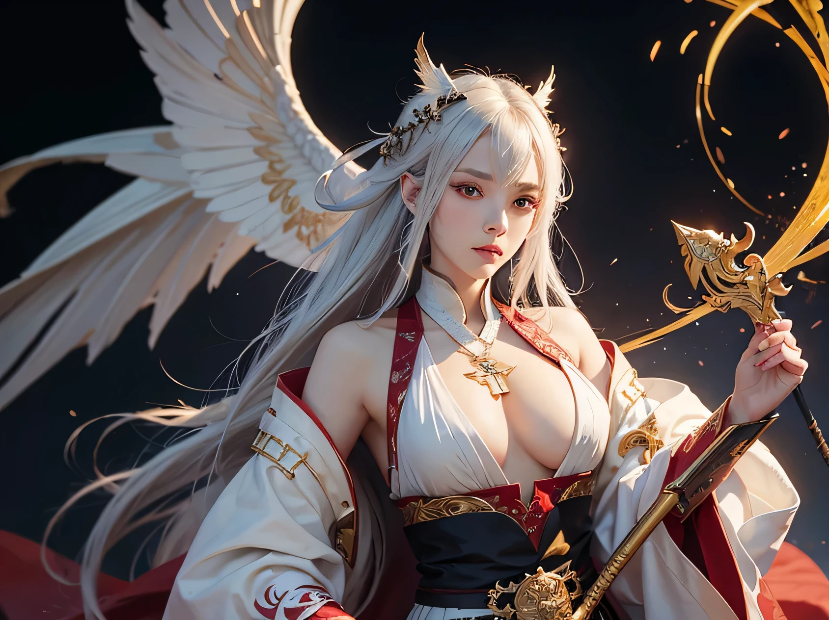 a close up of a woman in a costume with a sword, onmyoji detailed art, g liulian art style, from arknights, trending on artstation pixiv, by Yang J, cushart krenz key art feminine, guweiz on artstation pixiv, rossdraws sakimimichan, onmyoji, prompt:fantasy character with white, slightly tousled hair, pale skin, striking red eyes, intricate golden vine-like patterns, large red and gold wings, highly detailed, elegant, yet