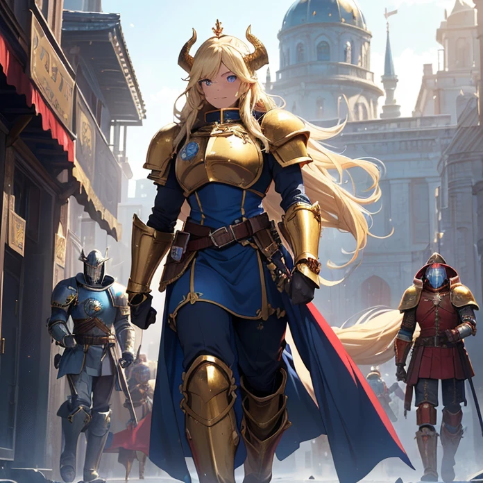 High Resolution, Masterpiece, fantasy genre, HD, High Quality, Backlighting, Overexposure, Optical Illusion, Silhouette, cowboy shot view,
Anime Style, Digital Art, character alone cowboy-shot view, Warhammer 40K aesthetic
{{((female space marine 80 years old knight queen): (blonde medium length straight hair with fringes tied in a tail with a blue ribbon, beautiful face, face freckles, dark-blue eyes, elegant smile, relaxed expression, tall body), (huge bulky knight armor, red shoulder plates with golden trims, golden cuirass, golden crowned roaring lion face on cuirass, red elbow plates, blue arm plates, blue gauntlets, golden belt, blue hip armor plates, red and blue armored bulky boots, (golden royal long sword)), (walking alone on patrol while holding the royal sword, rotal british castle hall))}}