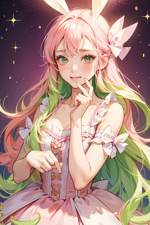 A pink strawberry GIRLbunny with pale yellow seeds. Her nose and mouth connect and she has a squinting-wink eye. She wears a pastel pink bow with a single, green curled lock to match her hair extension. SPARKLE; GLITTER