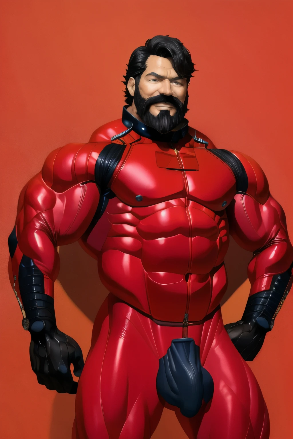 (masterpiece, best quality), 1 old man, black hair and beard, handsome beautiful face, muscle male, beautiful body, wearing asuka plugsuit, bodysuit, interface headset, red bodysuit, nice bulge, nicebulge,