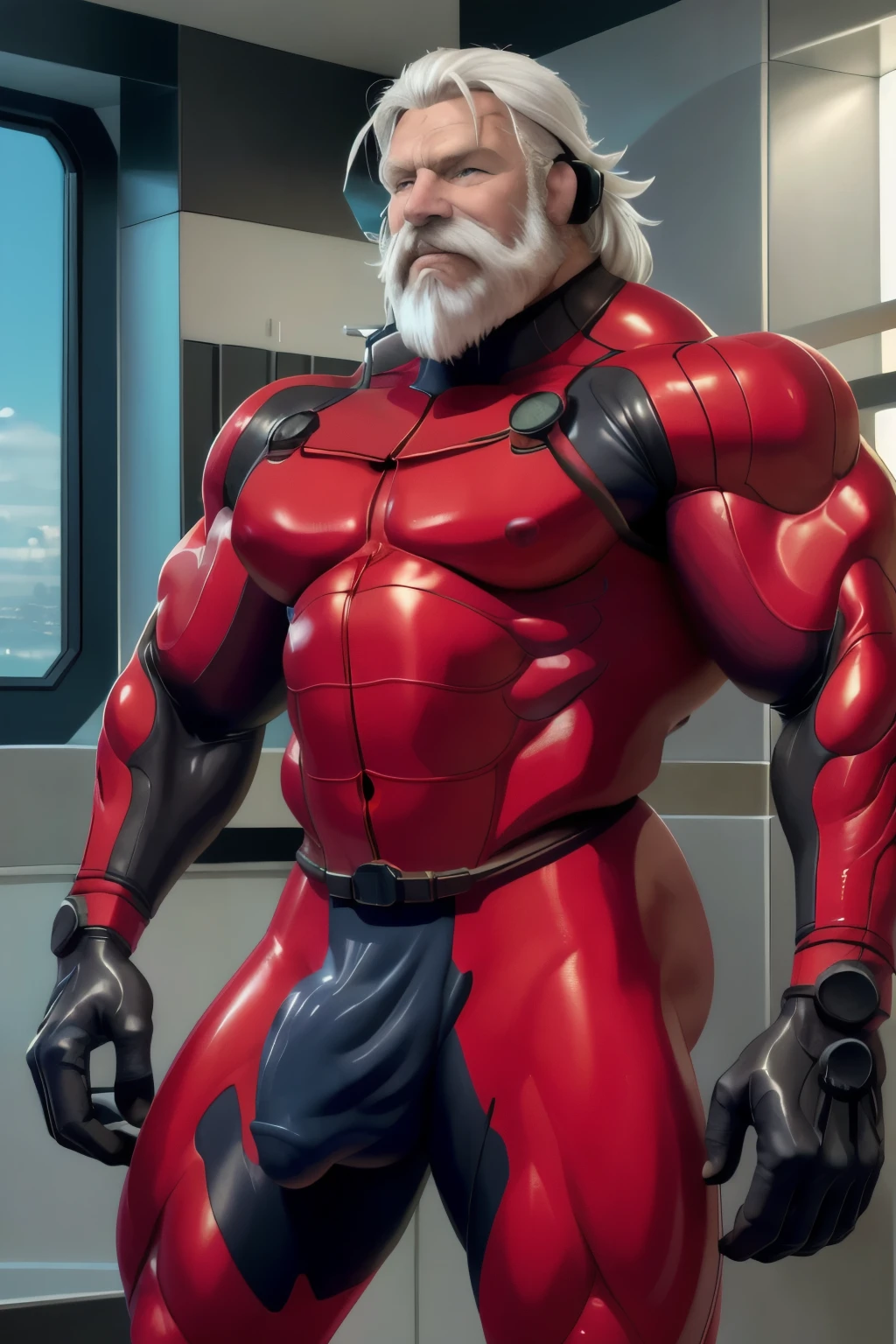 (masterpiece, best quality), 1 old man, white hair and beard, handsome beautiful face, muscle male, beautiful body, wearing asuka plugsuit, bodysuit, interface headset, red bodysuit, nice bulge, nicebulge,