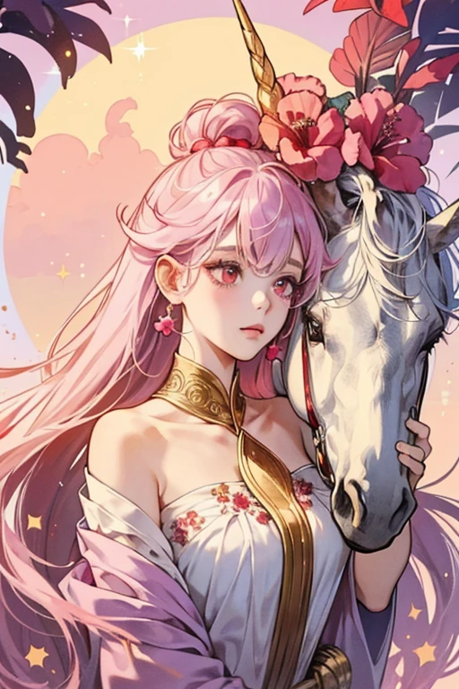 A coconut GIRL unicorn with a crack off-center of her head. Her muzzle is slightly lighter than the rest of her, and she has pale red cheeks and no mouth. Her glittering horn is accent by three raspberry hibiscus flowers with gold dots in the center. Her pink-lavender hair extension is feathery in appearance. SPARKLE; GLITTER