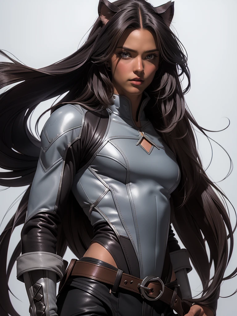 ((Beautiful man:1)) , ((dark skin:1)), ((extremely long hair:1.5)) , ((black hair:1.3)) , ((male features:1.2)), (((male:1))) , full lips , light blue eyes, ((Skinny build)) ,effeminate , ((has a center part in hair:1.2)),((straight hair:1.3)) , ((crop top:1.5)), Bishounen, possess delicate and androgynous features , as a male , small waist, thin , ((femboi:1.3)), ((femboy:1.3)), ((big lips:1.3)) ((blowout hairstyle:1)) , ((sleek hair:1)), ((has a middle part in hair:1.4)), (((male:1))) , ((panther ears, panther ears on head:1.2)), ((flat chest:1.3)), ((male chest:1.5)),
Wearing an outfit with futuristic elements, seamlessly blended with the Final Fantasy universe. wears a tailored, military-inspired jacket in deep charcoal, adorned with intricate, laser-cut leather panels that reveal glimpses of metallic silver underneath. The jacket features sharp, angular lines and exaggerated lapels, Underneath, he sports a form-fitting, high-necked bodysuit in a deep shade of amethyst, with intricate embroidery . tailored trousers in charcoal gray, with sleek metallic accents and pockets, Waist up portrait, white background In art style of Olivier Coipel, Tom of Finland, Sean Platter and J Scott Campbell --ar 3:4 --style scenic --niji 5