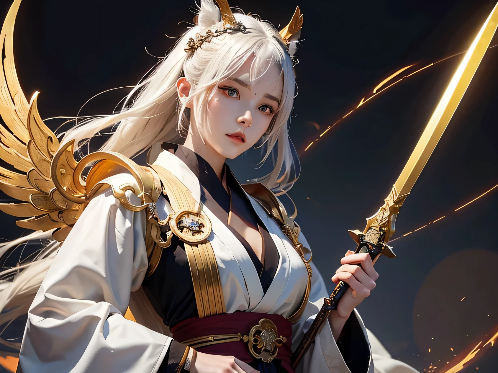 a close up of a woman in a costume with a sword, onmyoji detailed art, g liulian art style, from arknights, trending on artstation pixiv, by Yang J, cushart krenz key art feminine, guweiz on artstation pixiv, rossdraws sakimimichan, onmyoji, prompt:fantasy character with white, slightly tousled hair, pale skin, striking red eyes, intricate golden vine-like patterns, large red and gold wings, highly detailed, elegant, yet fierce