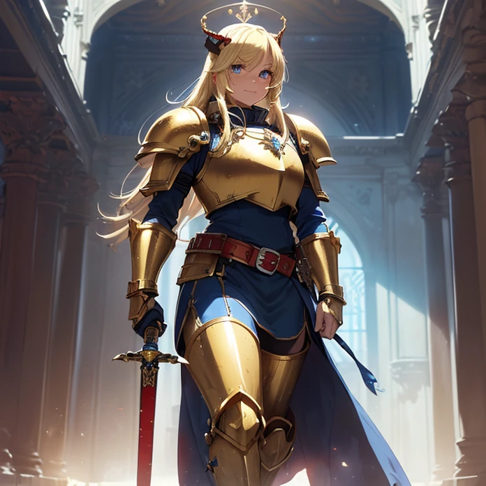 High Resolution, Masterpiece, fantasy genre, HD, High Quality, Backlighting, Overexposure, Optical Illusion, Silhouette, front view,
Anime Style, Digital Art, character alone cowboy-shot view, Warhammer 40K aesthetic
{{((female space marine 80 years old knight queen): (blonde medium length straight hair with fringes tied in a tail with a blue ribbon, beautiful face, face freckles, dark-blue eyes, elegant smile, relaxed expression, tall body), (huge bulky knight armor, red shoulder plates with golden trims, golden cuirass, golden crowned roaring lion face on cuirass, red elbow plates, blue arm plates, blue gauntlets, golden belt, blue hip armor plates, red and blue armored bulky boots, (golden royal long sword)), (walking alone on patrol while holding the royal sword, rotal british castle hall))}}