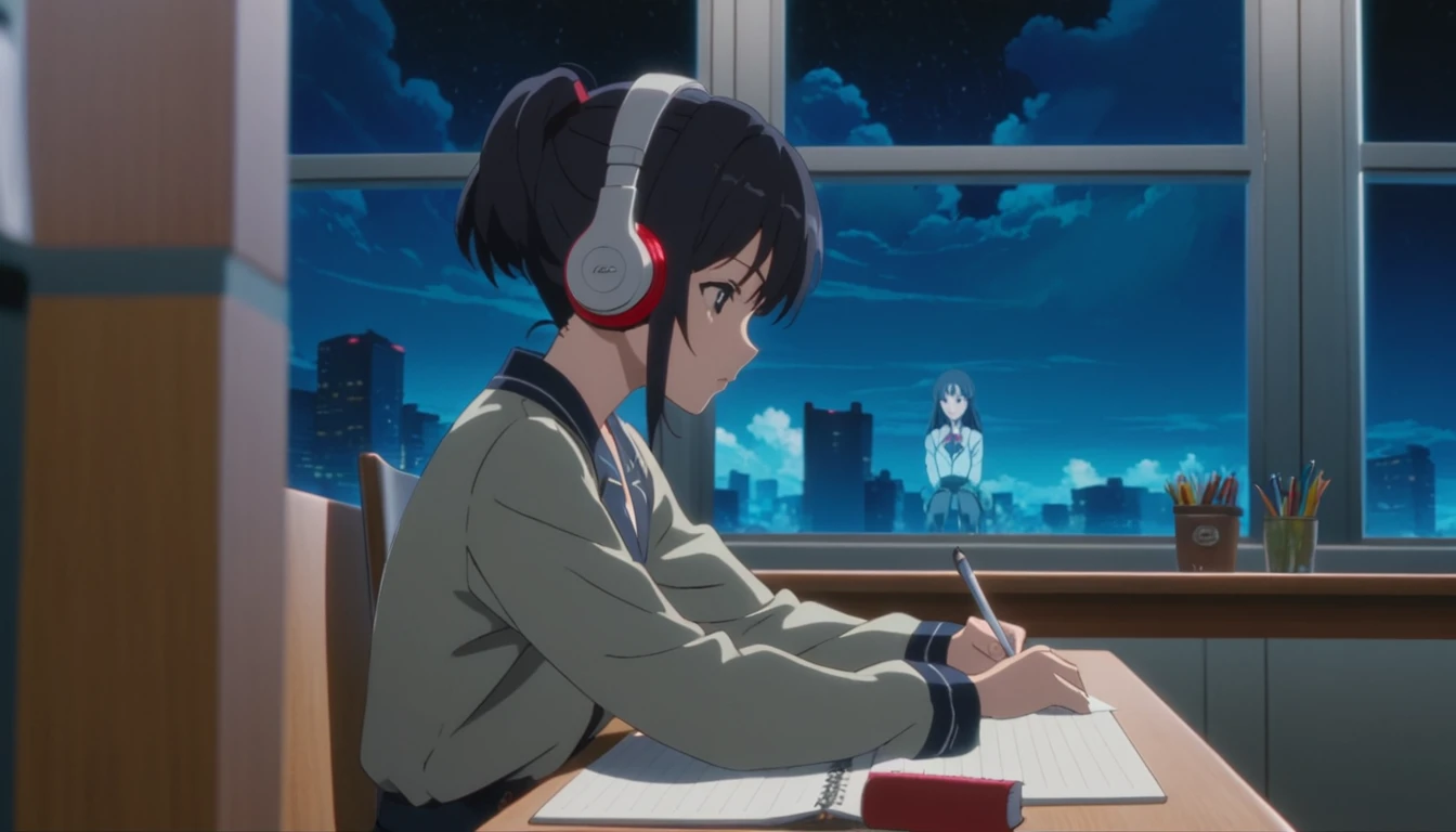 Anime girl sitting at a desk writing with headphones in a room at night,Anime scene of a girl sitting at a desk and writing in a notebook, yourname movie style, yourname, Anime movie stills, Anime movie screenshots, Anime movie screenshots, Makoto Shinkai style, Studio Greeble Makoto Shinkai, Today's featured anime is still, Anime still film Anime colored paper, A still from the anime, Scenes from animated movies、8K