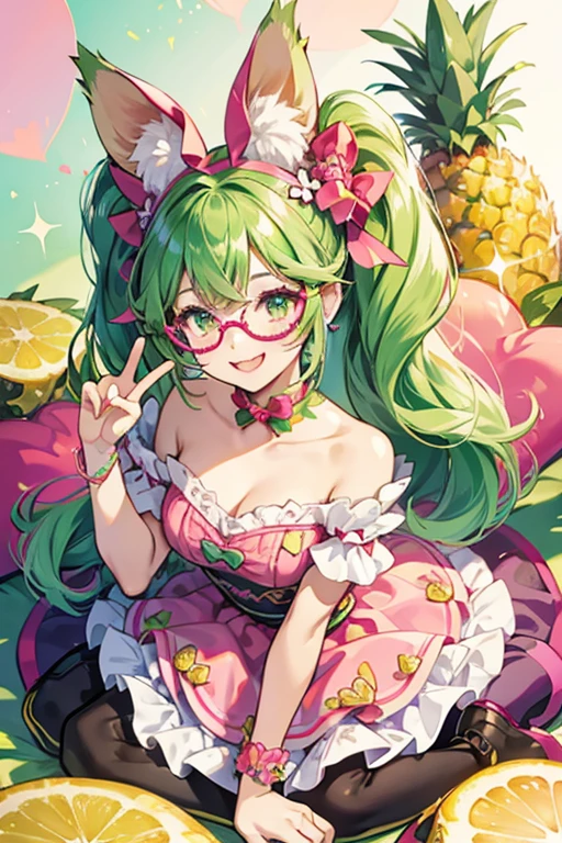 A pineapple GIRL cat with slices for ears, matching her heart-shaped glasses. She has an excited expression and one eye is shut. She wears a fuchsia bow and her hair extension is green to resemble the leaf of a Pineapple. SPARKLE; GLITTER
