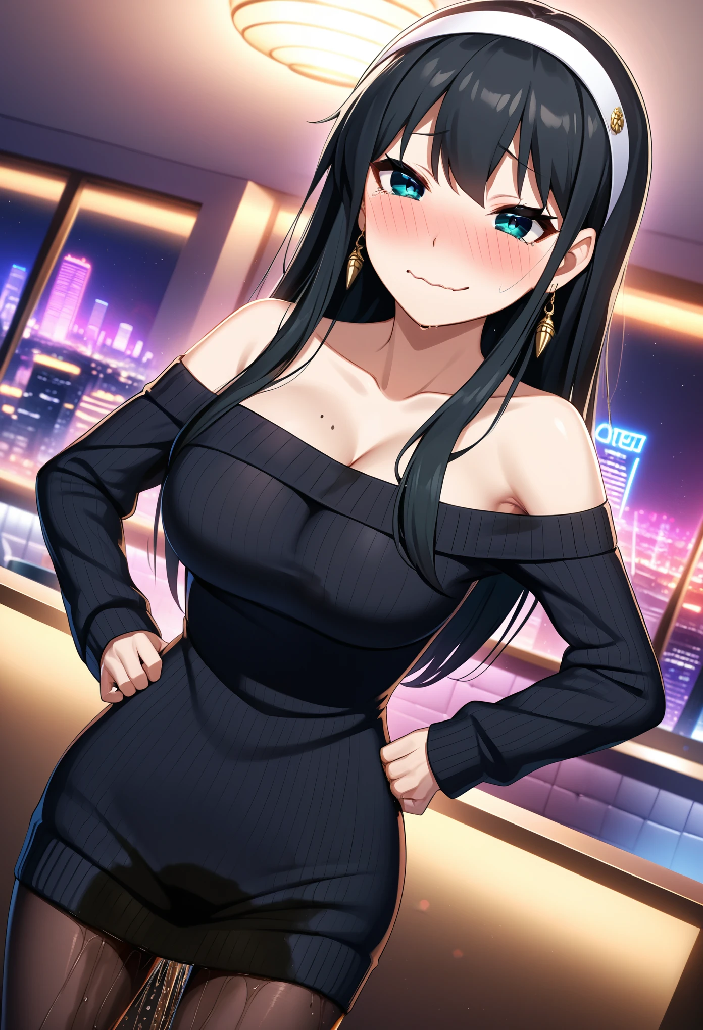 woman, yor briar, large breasts, black hair, earrings, white hairband, hairband, long hair, sidelocks, bare shoulders, collarbone, dress, long sleeves, off shoulder, off-shoulder dress, off-shoulder sweater, pantyhose, sweater, sweater dress, thighs, standing, (wetting herself:1.5), best quality, ultra-detailed, HDR, studio lighting, professional, vivid colors, sharp focus, bokeh, landscape, love hotel, bar counter, night, window, cityscape, colorful city, neon lights, futuristic, science fiction, soft lighting, dynamic shadows, (embarrassed:1.5), (humiliation:1.5), (blushing:1.5), (wavy mouth:1.75), (smile:1.5), nervous, (nervous smile:2.0), (sweating:2.0), facing viewer, (hands on hips:2.0)