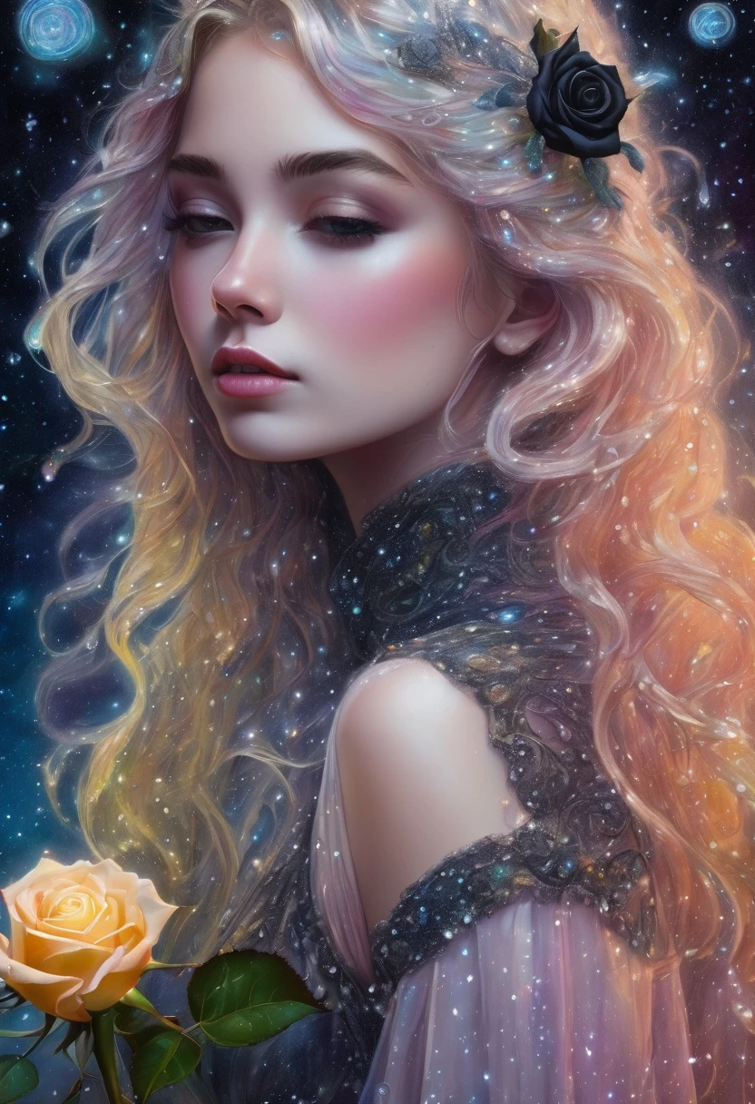 gorgeous 19 year old girl, beautiful, Darling, with a black rose in hand, dew drops on rose petals, ultra-detailed, hyperrealism, intricate details, Very detailed, crazy background with galactic constellations and northern lights, acrylic, shading