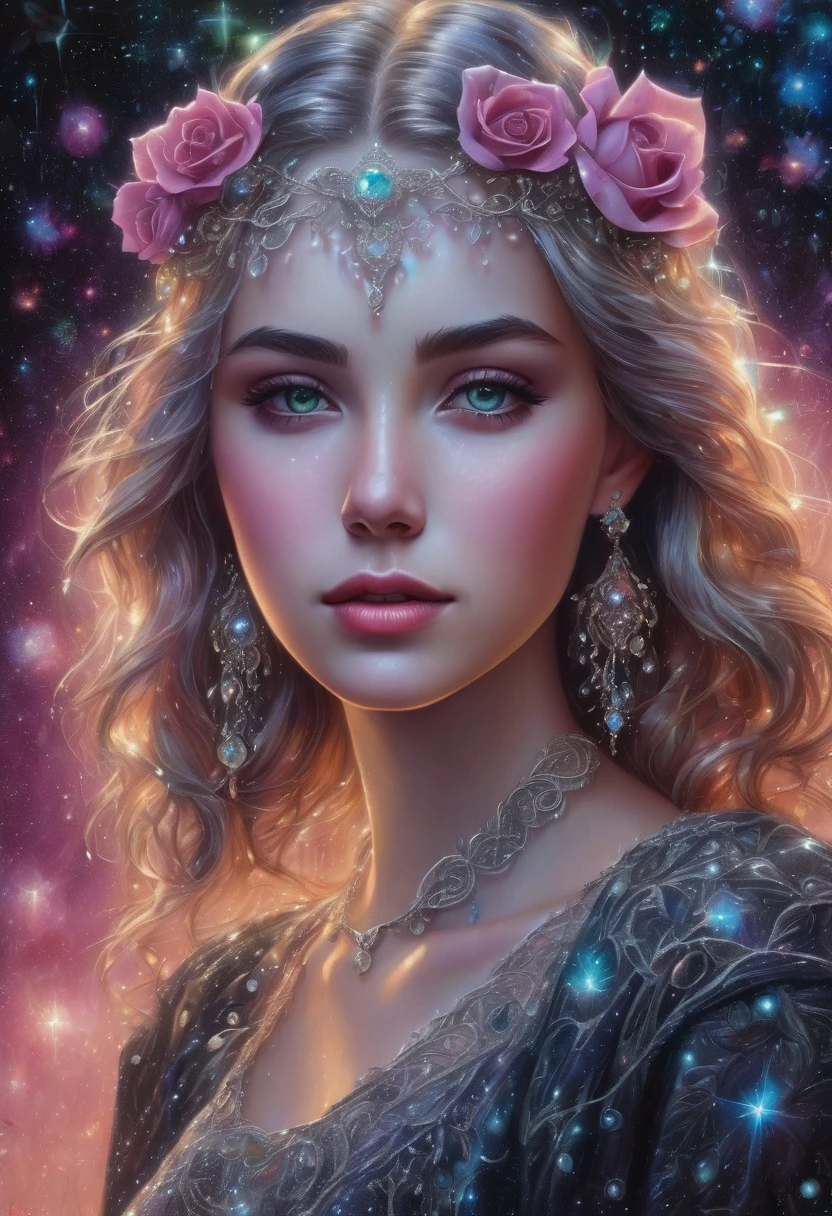 gorgeous 19 year old girl, beautiful, Darling, with a black rose in hand, dew drops on rose petals, ultra-detailed, hyperrealism, intricate details, Very detailed, crazy background with galactic constellations and northern lights, acrylic, shading