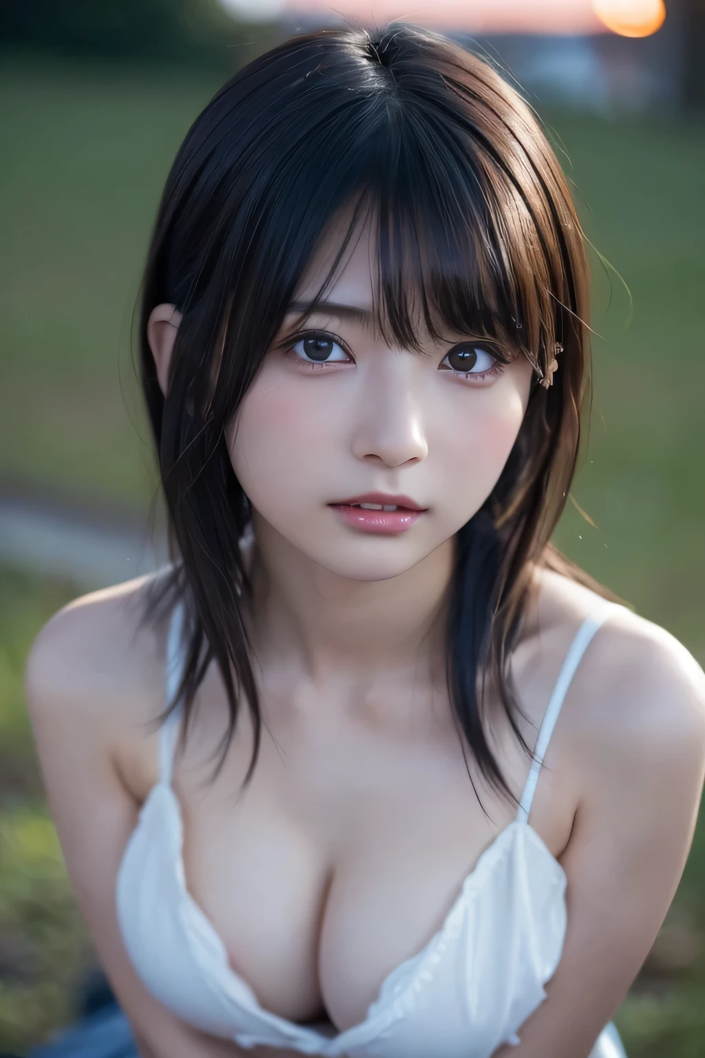 (Hyper Reality: 1.35), (Realistic: 1.4), A beautiful Japanese woman, smile, alone. (((No makeup))), masterpiece, 最high quality, high quality, alone, Very good, Puberty, Only one girl, Well-trained slim body, muscular, slim body, ((super extra enormous breast:1.4)),(((cleavage1.4))),  (最high quality)),((Very delicate and beautiful)),((Very shallow depth of field)), ((Incredibly shallow depth of field)). Familiar, ((Very delicate and beautiful)), (((Very shallow depth of field))), (((Unbelievably absurd))), dark brown hair, blowing boyish bob hair, shag messy hair, wolf cut, big hair, Windで揺れる髪, Slim body type, ((( Camera Eye)))), (((small ))), Looks like a salon model, Cool face:1.4, Neutral facial features,(ecstasy:1.3) ,(slut:1.2),(vulgarity:1.3),(fucked silly:1.1),(steam:1.1),(Wet:0.8),(trembling:0.8),(tears:0.7) ,(drooling:0.6),(sweat:0.8),open mouth,  poor, Dynamic Angle, Focus on women, {Particles of light}, Detailed Background, Soft lighting, (dramatic), sunset, very beautiful sunset, Live Action, Realistic, (blurred background), (((11  old))), (((Wind))), ((Movement)), ((emotion)), ((colorful)), ((Baby Face)), Wither, sea background, (((Cowboy Shot))),(((nsfw))),　Handsome Tomboy, The underboob is visible, (((naked))), Thighs are included in the composition, With legs apart, (((Her face is slightly lowered and she is looking at me with her eyes looking up.))), (((Composition looking from above))), Both arms raised, Wide collar