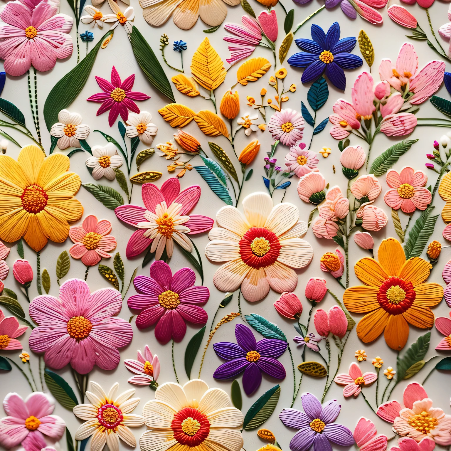 a beautiful embroidered pattern with many detailed flowers, intricate floral design, colorful vibrant petals, delicate embroidered textures, elegant artistry, soft lighting, warm color tones, photorealistic, masterpiece, highly detailed, 4k, best quality