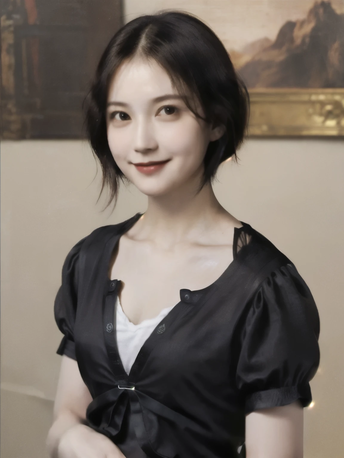 265 20-year-old female,(short hair),((chest:1.5)),Old-fashioned smile,(Leonardo da Vinci'sTshirt)