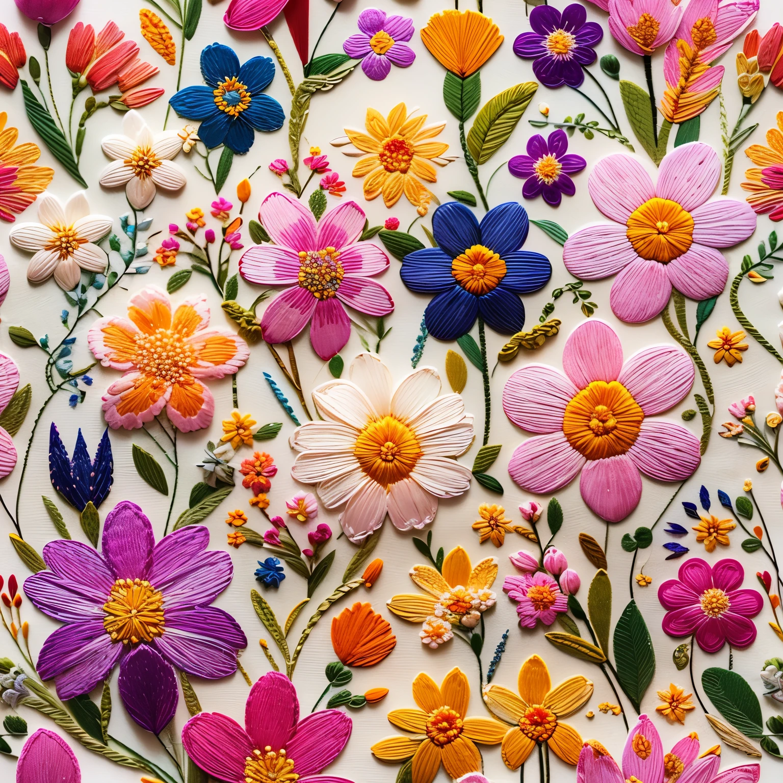 a beautiful embroidered pattern with many detailed flowers, intricate floral design, colorful vibrant petals, delicate embroidered textures, elegant artistry, soft lighting, warm color tones, photorealistic, masterpiece, highly detailed, 4k, best quality
