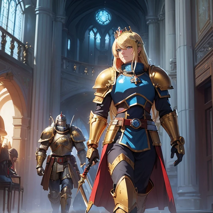High Resolution, Masterpiece, fantasy genre, HD, High Quality, Backlighting, Overexposure, Optical Illusion, Silhouette, front view,
Anime Style, Digital Art, character alone cowboy-shot view, Warhammer 40K aesthetic
{{((female space marine 80 years old knight queen): (blonde medium length straight hair with fringes tied in a tail with a blue ribbon, beautiful face, face freckles, dark-blue eyes, elegant smile, relaxed expression, tall body), (huge bulky knight armor, red shoulder plates with golden trims, golden cuirass, golden belly armor, golden crowned roaring lion face on cuirass, red elbow plates, blue arm plates, blue gauntlets, golden belt, blue hip armor plates, red and blue armored bulky boots, (golden royal long sword)), (walking alone on patrol while holding the royal sword, rotal british castle hall))}}