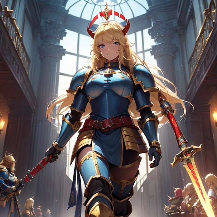 High Resolution, Masterpiece, fantasy genre, HD, High Quality, Backlighting, Overexposure, Optical Illusion, Silhouette, front view,
Anime Style, Digital Art, character alone cowboy-shot view, Warhammer 40K aesthetic
{{((female space marine 80 years old knight queen): (blonde medium length straight hair with fringes tied in a tail with a blue ribbon, beautiful face, face freckles, dark-blue eyes, elegant smile, relaxed expression, tall body), (huge bulky knight armor, red shoulder plates with golden trims, golden cuirass, golden belly armor, golden crowned roaring lion face on cuirass, red elbow plates, blue arm plates, blue gauntlets, golden belt, blue hip armor plates, red and blue armored bulky boots, (golden royal long sword)), (walking alone on patrol while holding the royal sword, rotal british castle hall))}}