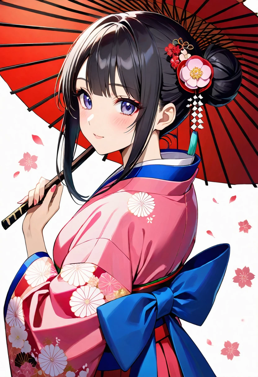 Create an image of a beautiful 21-year-old Japanese princess. She must have straight black hair tied in a traditional Japanese bun., Mr.々Decorated with traditional Japanese accessories. Her eyes are blue、She is wearing a traditional feminine pink dress.'that'In kimono.. The setting is a forest of cherry blossoms in full bloom..