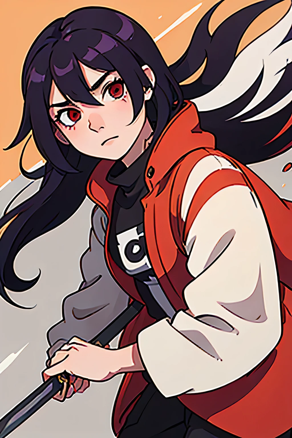 create for me a male character within the naruto universe with long hair and red eyes wearing a coat with two swords 