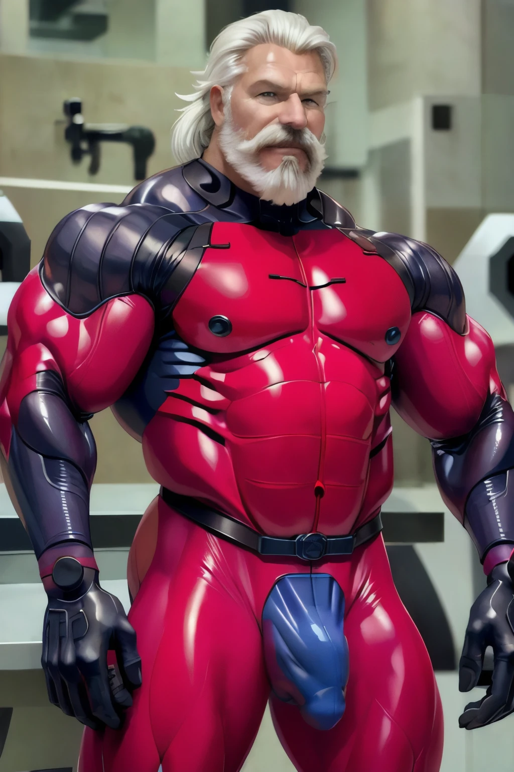 (masterpiece, best quality), 1 old man, white hair and beard, handsome beautiful face, muscle male, beautiful body, wearing asuka plugsuit, bodysuit, interface headset, red bodysuit, nice bulge, nicebulge,