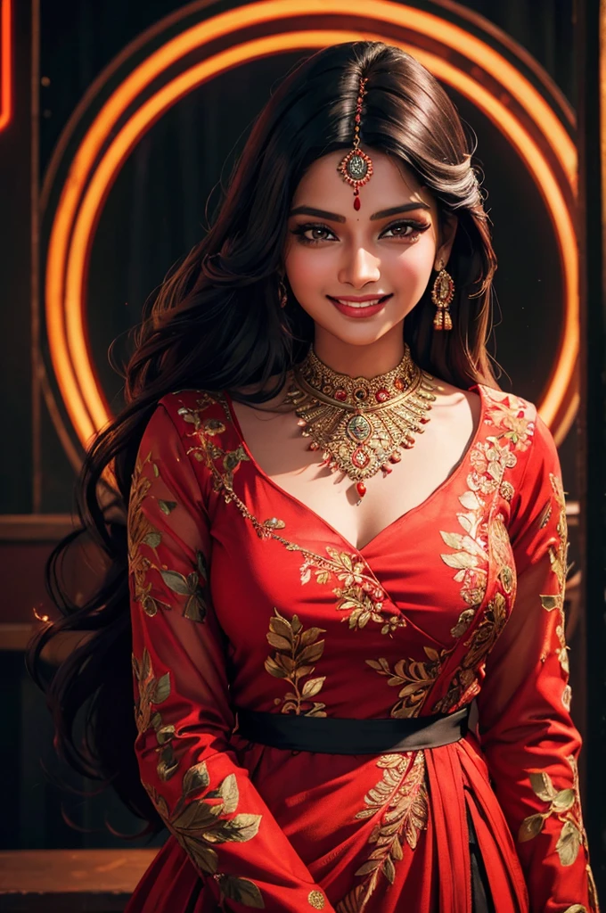 a beautiful indian woman, red and black floral long sleeve dress, long straight hair, smiling, portrait, neon lights background, intricate details, photorealistic, cinematic lighting, vibrant colors, 8k, high resolution, masterpiece