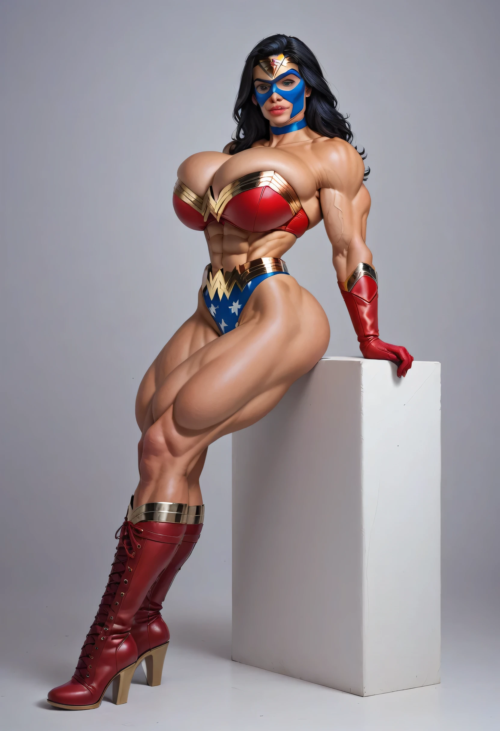 1girl, A Caucasian bimbo with black hair, blue eyes, an athletic physique, MASSIVE breasts, muscular legs, wearing a patriotic strapless bra, blue superhero mask, wonder woman tiara, partiotic thong, gold belt, blue choker, red leather gloves, and red leather boots.