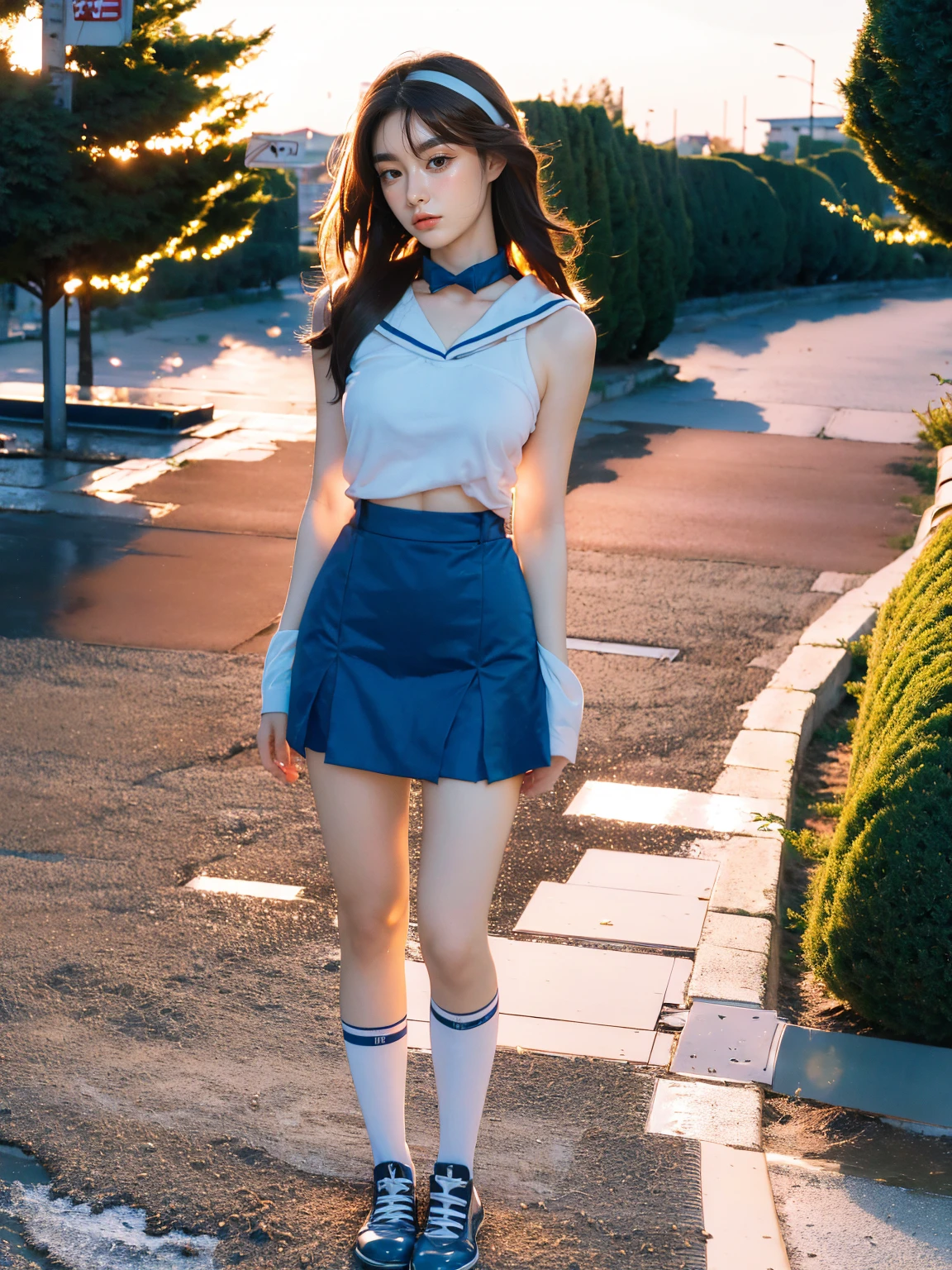 (1 lady), (Best quality at best:1.4), (ultra - detailed), (extremely detailed CG unified 16k), A Beautiful Woman with Perfect Figure: 1.4, Sharp Focus: 1.2, very detailed, High-definition RAW color photo, professional photoshooting, amazing face and eyes, cosmetics, (amazingly beautiful girl), ((suzumiya haruhi)), NOT Dasha Taran, ((kita high sch0ol uniform, blue sailor collar, blue skirt, armband, hairband, medium long hair, ribbon, socks)), standing, nature, tree, park, realistic cinematic face, head to feet long wide zoomed out view, full body long view, photorealistic, she is standing straight, ((realistic natural caramel brown hair style, brown eyes)), gorgeous, extremely beautiful face, perfect model beauty, pout mouth, Highly Detailed Face and Skin Texture, Detailed Eyes, Double Eyelids, Medium Breasts, smiling hard, western, (masterpiece), best quality, high resolution, extremely detailed, blurred background, depth of field, cinematic lighting, amazing legs, combat boots, clear and well-cared skin,