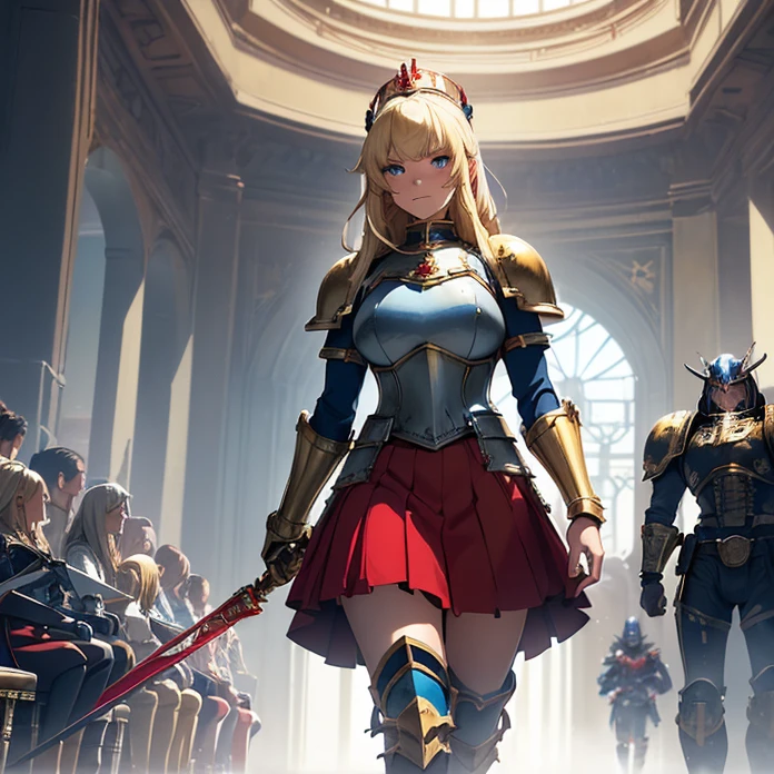 High Resolution, Masterpiece, fantasy genre, HD, High Quality, Backlighting, Overexposure, Optical Illusion, Silhouette, front view,
Anime Style, Digital Art, character alone cowboy-shot view, Warhammer 40K aesthetic
{{((female space marine 80 years old knight queen): (blonde medium length straight hair with fringes tied in a tail with a blue ribbon, beautiful face, face freckles, dark-blue eyes, elegant smile, relaxed expression, tall body), (huge bulky knight armor, red shoulder plates with golden trims, golden cuirass, golden belly armor, golden crowned roaring lion face on cuirass, red elbow plates, blue arm plates, blue gauntlets, golden belt, blue hip armor plates, red skirt under armor, red and blue armored bulky boots, (golden royal long sword)), (walking alone on patrol while holding the royal sword, rotal british castle hall))}}