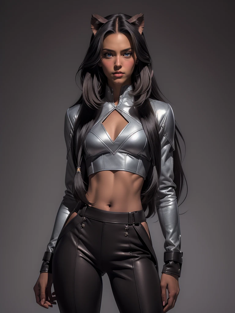 ((Beautiful man:1)) , ((dark skin:1)), ((extremely long hair:1.5)) , ((black hair:1.3)) , ((male features:1.2)), (((male:1))) , full lips , light blue eyes, ((Skinny build)) ,effeminate , ((has a center part in hair:1.2)),((straight hair:1.3)) , ((crop top:1.5)), Bishounen, possess delicate and androgynous features , as a male , small waist, thin , ((femboi:1.3)), ((femboy:1.3)), ((big lips:1.3)) ((blowout hairstyle:1)) , ((sleek hair:1)), ((has a middle part in hair:1.4)), (((male:1))) , ((panther ears, panther ears on head:1.2)), ((flat chest:1.3)),
Wearing an outfit with futuristic elements, seamlessly blended with the Final Fantasy universe. wears a tailored, military-inspired jacket in deep charcoal, adorned with intricate, laser-cut leather panels that reveal glimpses of metallic silver underneath. The jacket features sharp, angular lines and exaggerated lapels, Underneath, he sports a form-fitting, high-necked bodysuit in a deep shade of amethyst, with intricate embroidery . tailored trousers in charcoal gray, with sleek metallic accents and pockets, Waist up portrait, white background In art style of Olivier Coipel, Tom of Finland, Sean Platter and J Scott Campbell --ar 3:4 --style scenic --niji 5