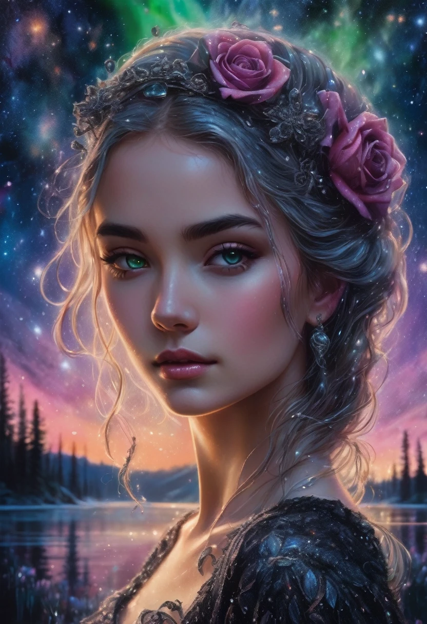 gorgeous 19 year old girl, beautiful, Darling, with a black rose in hand, dew drops on rose petals, ultra-detailed, hyperrealism, intricate details, Very detailed, crazy background with galactic constellations and northern lights, acrylic, shading