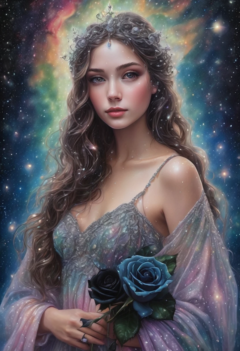 gorgeous 19 year old girl, beautiful, Darling, with a black rose in hand, dew drops on rose petals, ultra-detailed, hyperrealism, intricate details, Very detailed, crazy background with galactic constellations and northern lights, acrylic, shading