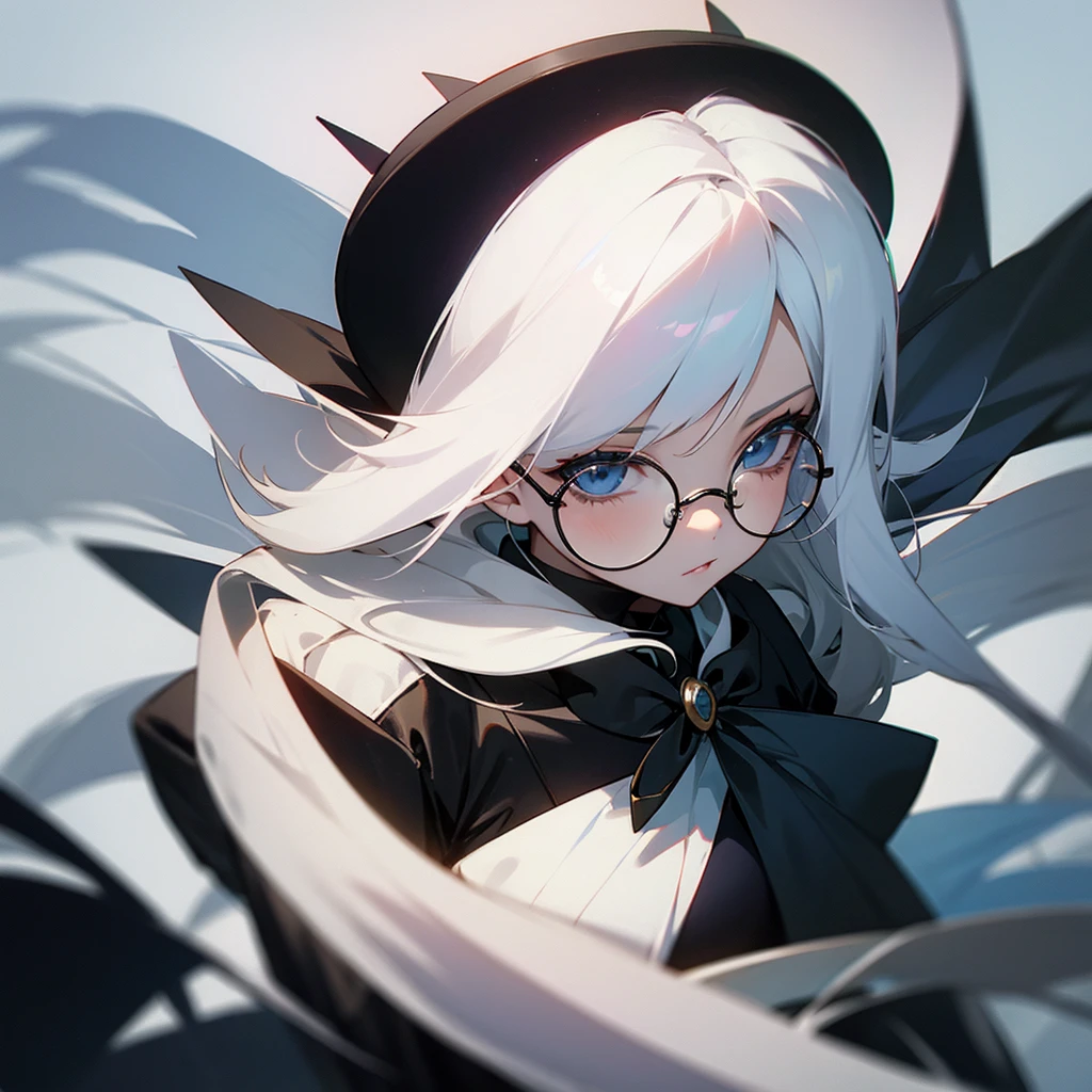 girl with black suit white hair wearing a round hat and also a round glasses