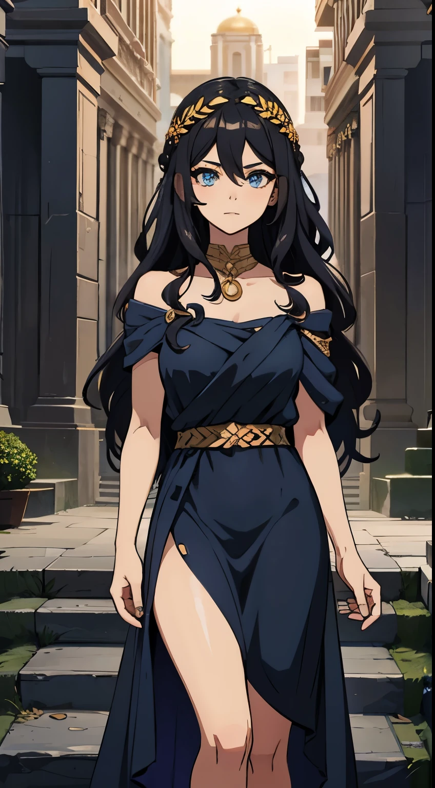 (high qualiy, Breathtaking),(expressive eyes, face perfect) 1 girl, Female, standing alone, grown-up, dark black hair, blue highlights in hair, skin tanned, clear light blue eyes, medium hair length, spiky and fluffy hair, wavy curly hair, black dress with gold details, Tunic, Greek goddess, ancient greek dress, greek clothing, symmetrical eyes, portraite, halfbody, positive expression,relaxed arms, fundo cinza, chic, mellow, comely, soft smiling, hair between the eyes, SunsetHuman, collared